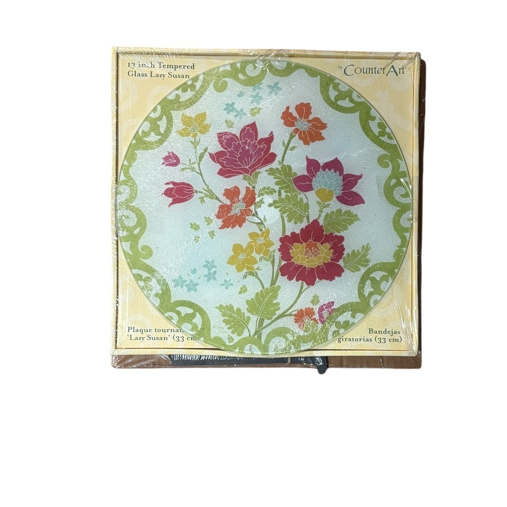 CounterArt 13" Tempered Glass Lazy Susan Garden View Floral Serving Tray NEW